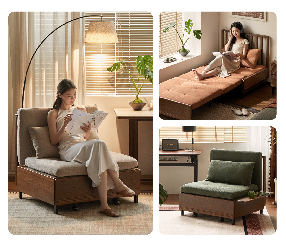 Black Walnut, Oak Solid Wood Sleeper Chair-sofa Bed with Attached Fold-Out Side Tray