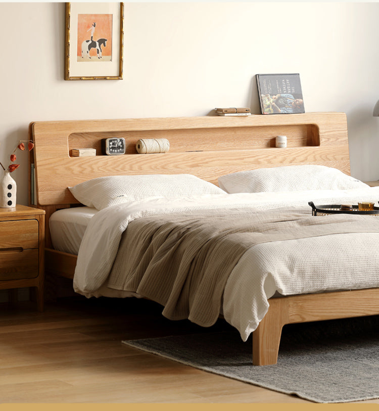 Oak, Beech Solid Wood With Light And Bookshelf Bed