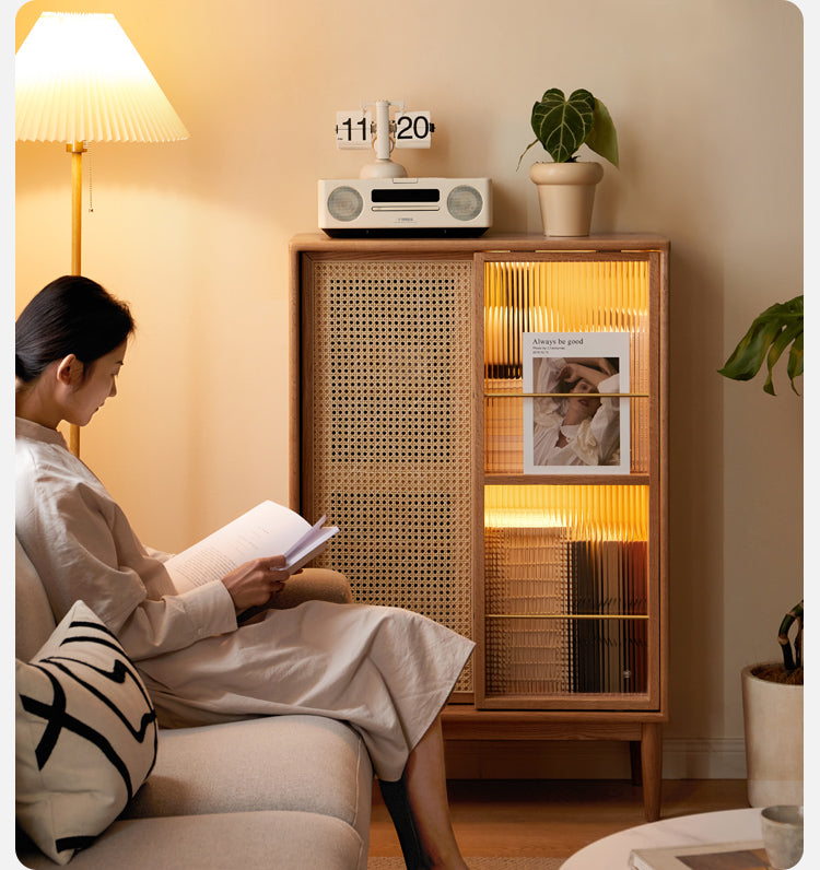 Oak Solid Wood Sliding Door Storage LED lights, Side Cabinet