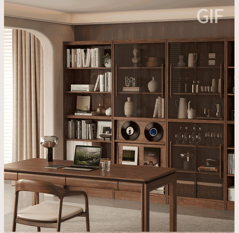 Black Walnut, Oak Solid Wood Floor-Standing Bookcase with Luxury Storage Cabinet
