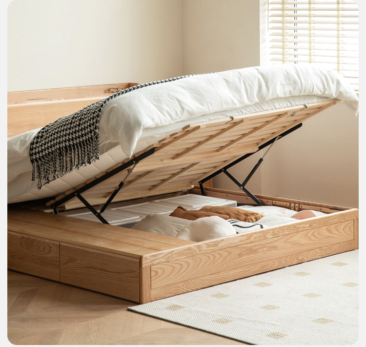 Oak Solid Wood Drawer Storage Bed with Sockets Box Bed