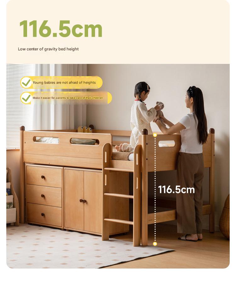 Beech Nordic Children's Solid Wood Loft Bed, Modern Minimalist Multifunctional Combination Bed with Table