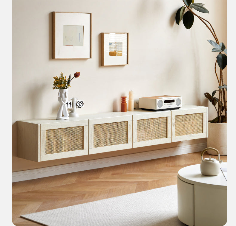 Oak Solid Wood Rattan Suspended TV Cabinet.