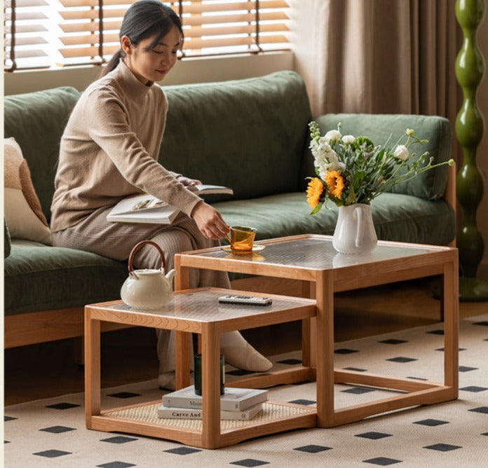 Cherry Solid Wood Square Retro Rattan Coffee Table