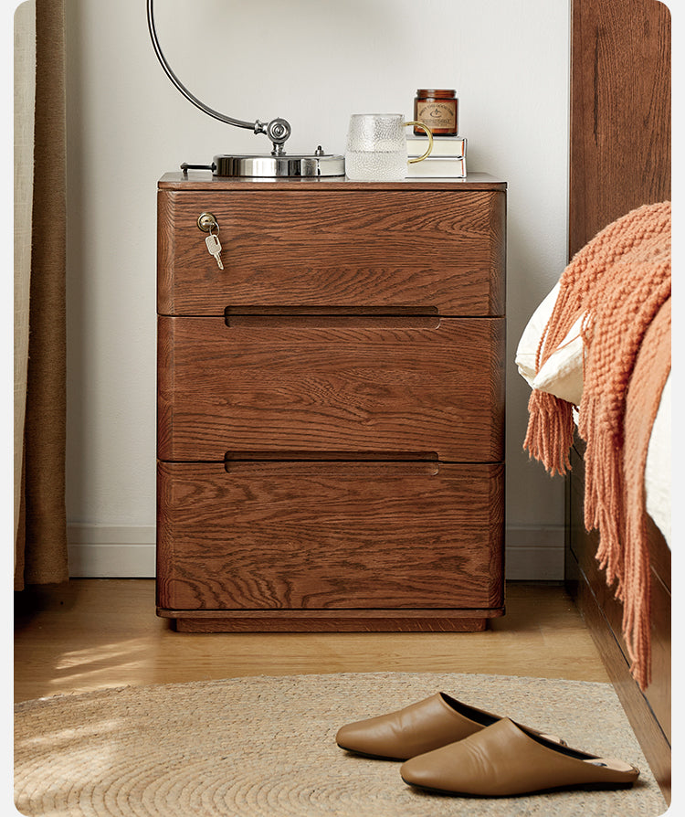 Oak Solid Wood Nightstand with Lock.