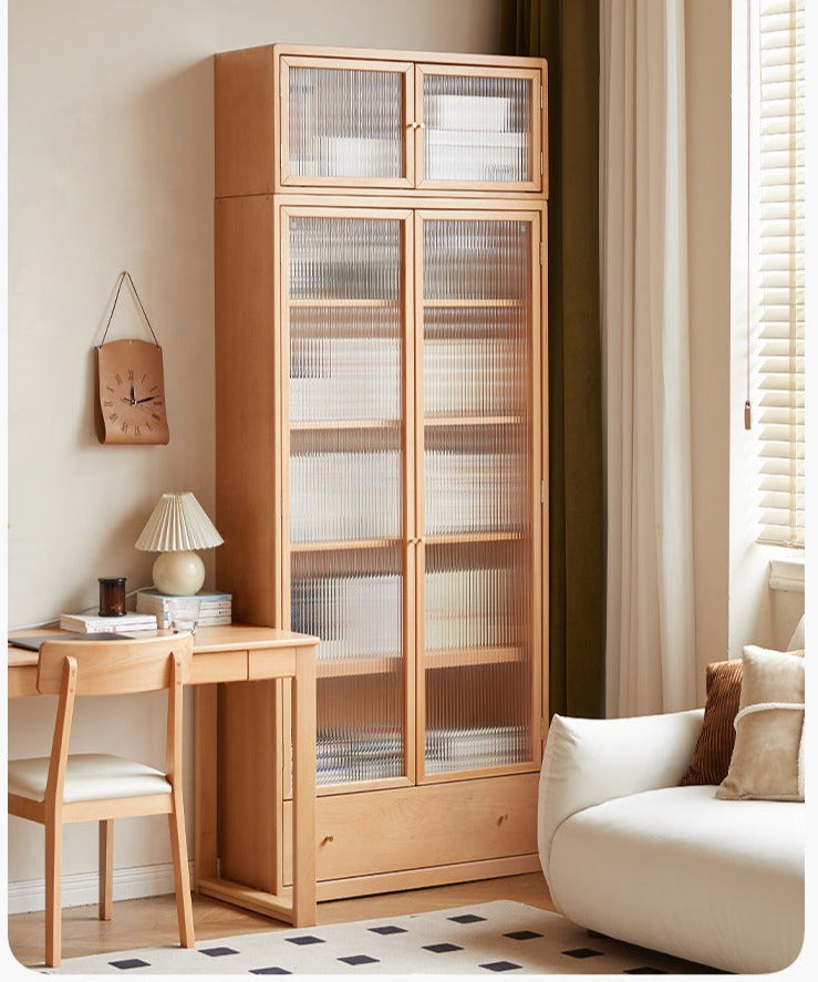 Beech European Solid Wood Bookshelf, Glass Door Storage Display Cabinet