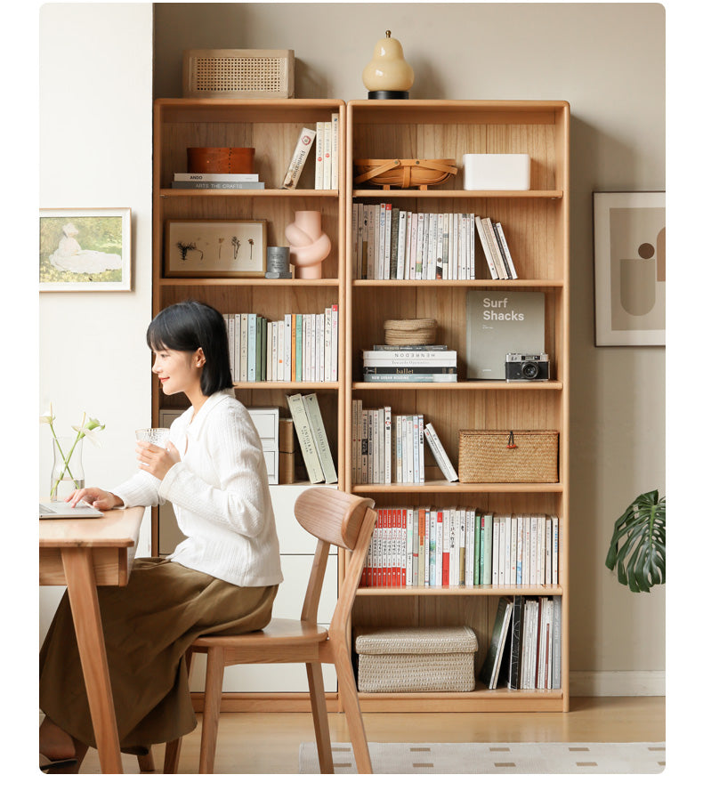 European Beech, Oak Solid Wood Floor-Standing Bookshelf with Glass Door Display