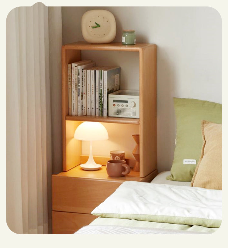Beech Solid Wood Nightstand and Elevated Storage Rack, Bedside Bookshelf.