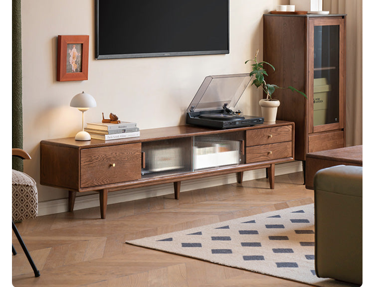 Oak, Solid Rubberwood, Beech Solid Wood TV Stand Glass Sliding Door