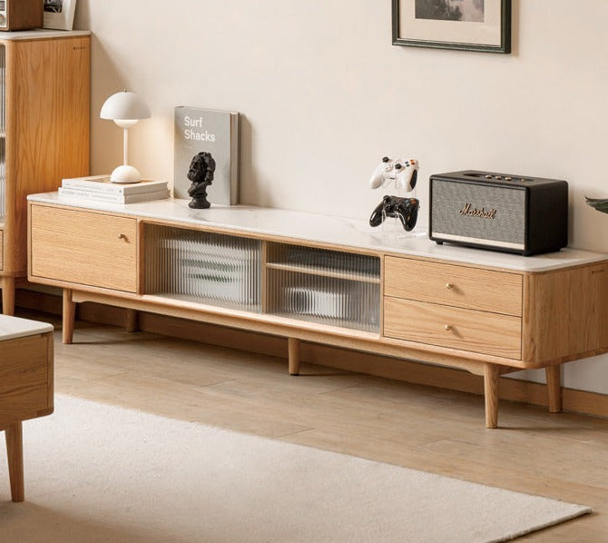 Oak, Poplar, Beech Solid Wood Sliding Door TV Stand With Rock Slab Surface.