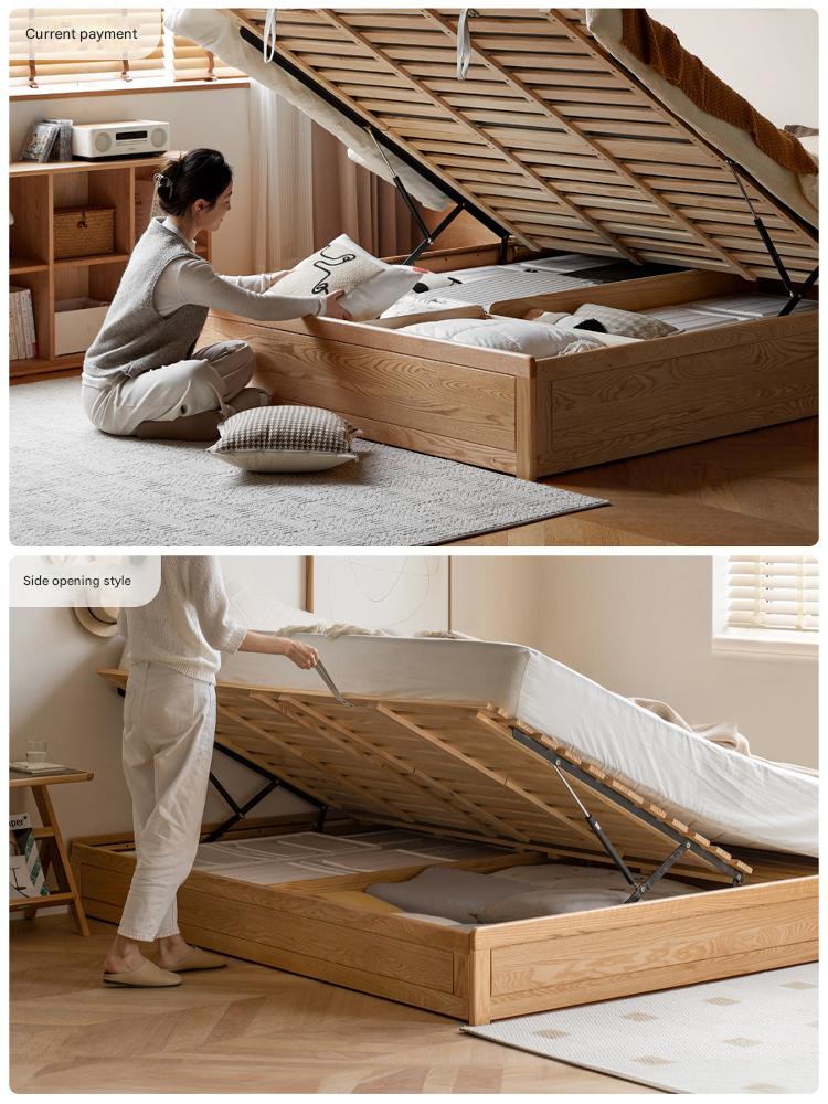 Oak, Rubberwood Solid Wood Platform Bed, Headboard-Free Box Bed