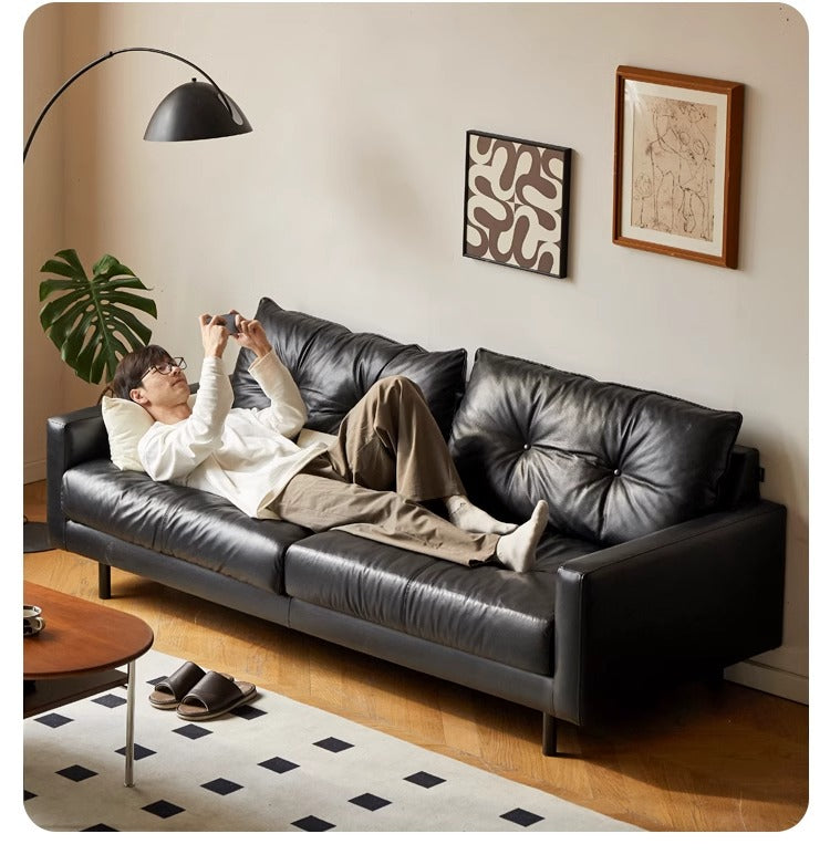 Leather Sofa, Black Top Layer Light Luxury Cowhide Sofa