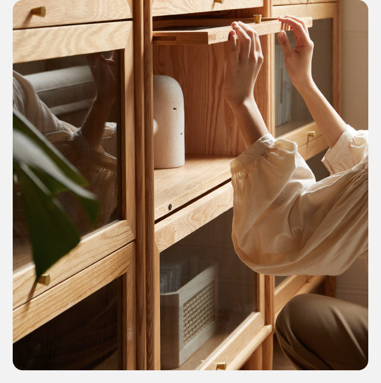 Solid Rubberwood, Oak Solid Wood Multi layer Flip Door Glass Bookcase