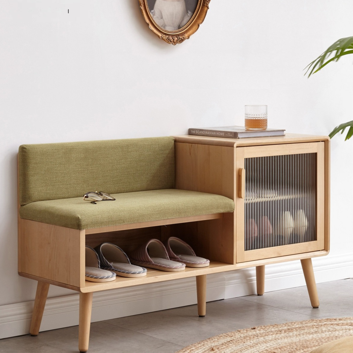 Solid Wood Shoe Changing Stool Nordic Minimalist Small Household Beech Wood Shoe Cabinet Multifunctional with Cabinet Soft Bag Seat Stool