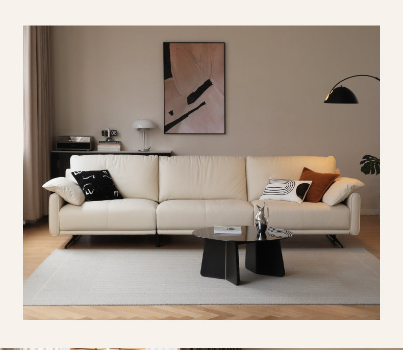 Leather Straight White Italian Sofa.