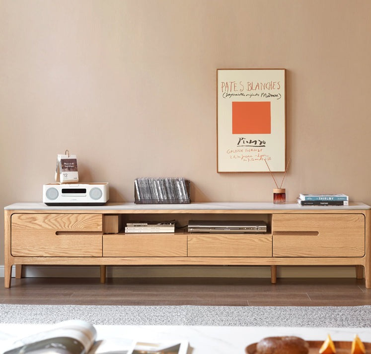 Solid Rubberwood, Oak Solid Wood TV Stand Slate Top.