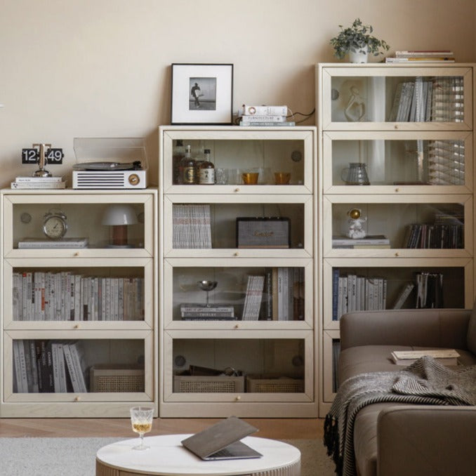 Oak Solid Wood Bookcase Cream Flip Door Glass Display Cabinet