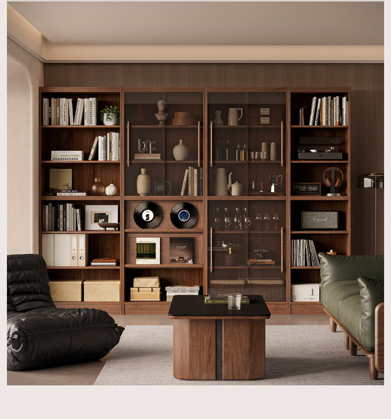 Black Walnut, Oak Solid Wood Floor-Standing Bookcase with Luxury Storage Cabinet