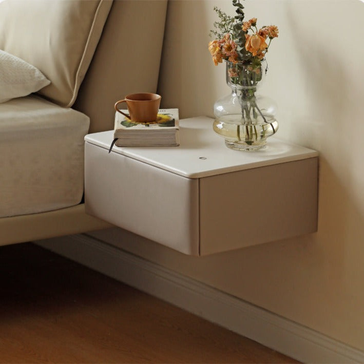 Organic Leather Wall Mounted Cream Rock Board Floating Nightstand: