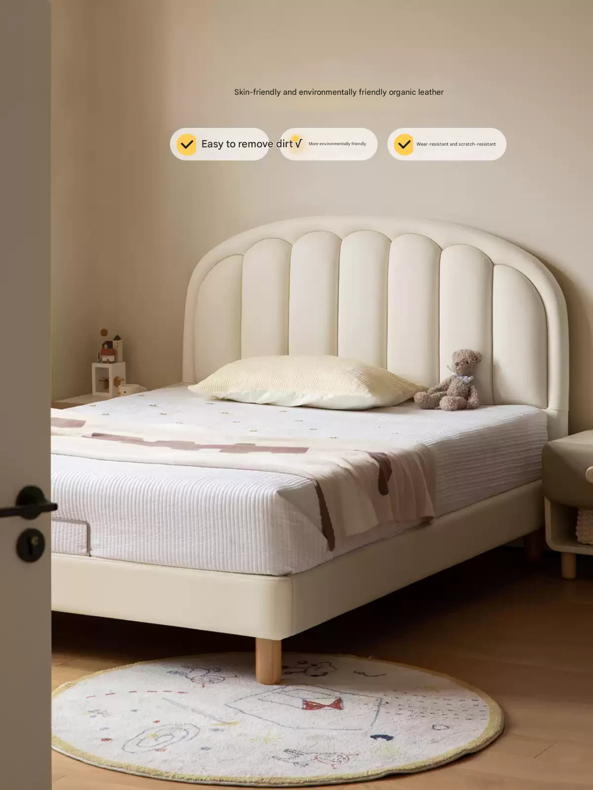 Children's Bed Modern Simple White Cream organic leather<