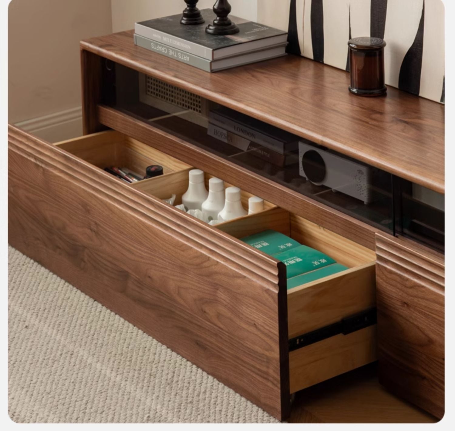 Black Walnut, Oak Solid Wood TV Cabinet LED Light Floor Cabinet.
