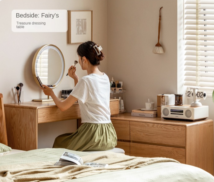 Oak, Ash Solid Wood Retractable Vanity Table Storage Cabinet.