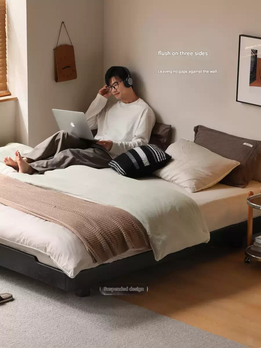 Oak, Rubberwood, Ash Solid Wood Suspended Platform Bed, Headboard-Free Bed Black with Light