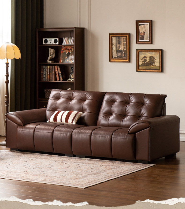 Genuine Leather American Retro High-Back Sofa with Checkerboard Black Bear Pattern
