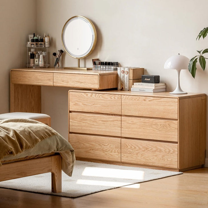 wood dressing table design for bedroom Modern Extendable Dressing Table with 6 Drawers, 47.24"-90" Expandable Makeup Vanity Desk, Large Storage Organizer for Bedroom, Brown & Cream Vanity