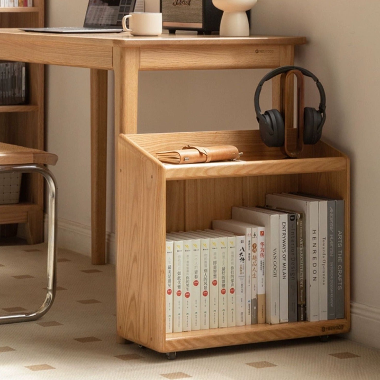 Oak, Solid Rubberwood Under-Table Bookshelf Movable
