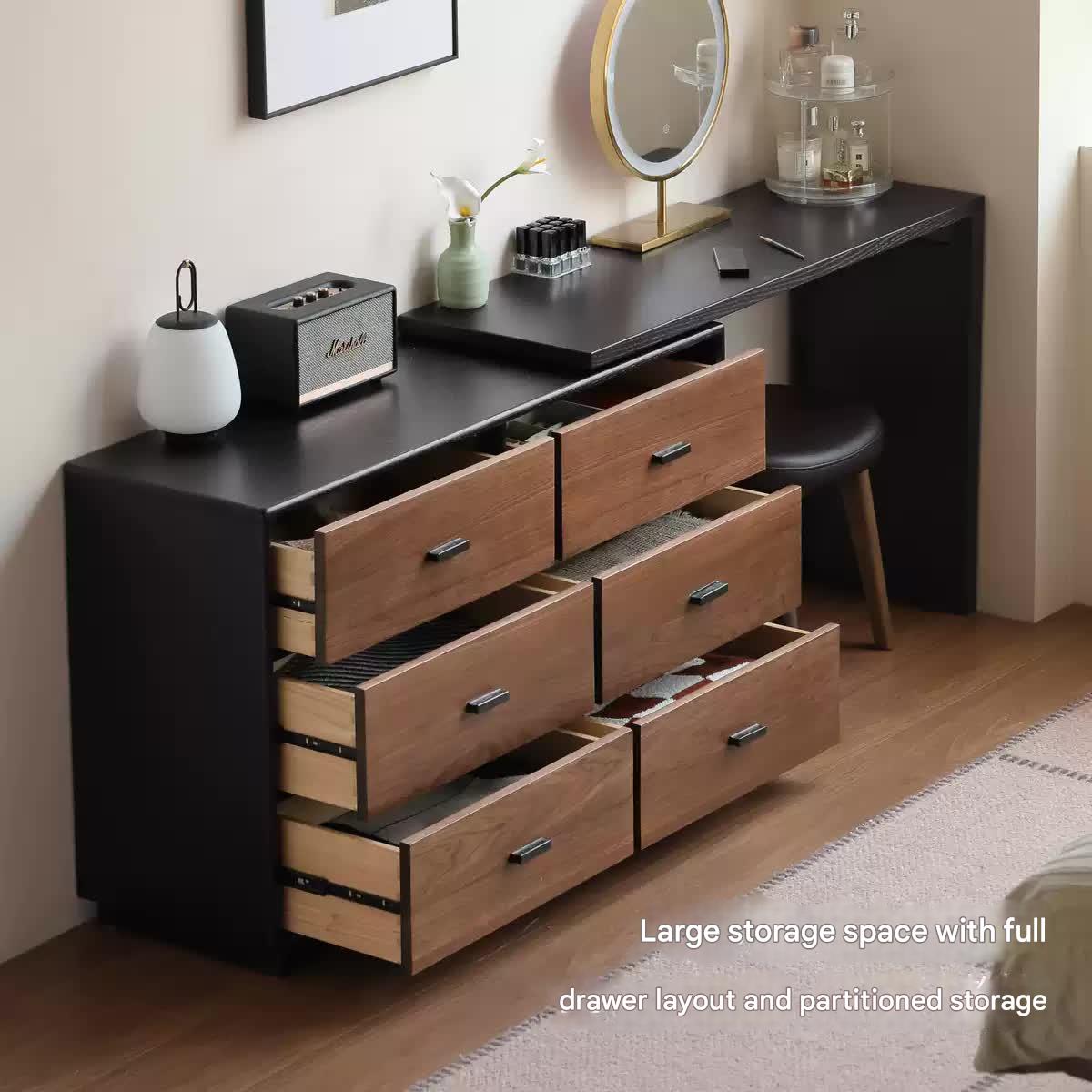 Black Walnut, Oak Solid Wood Italian Light Luxury Dressing Table.