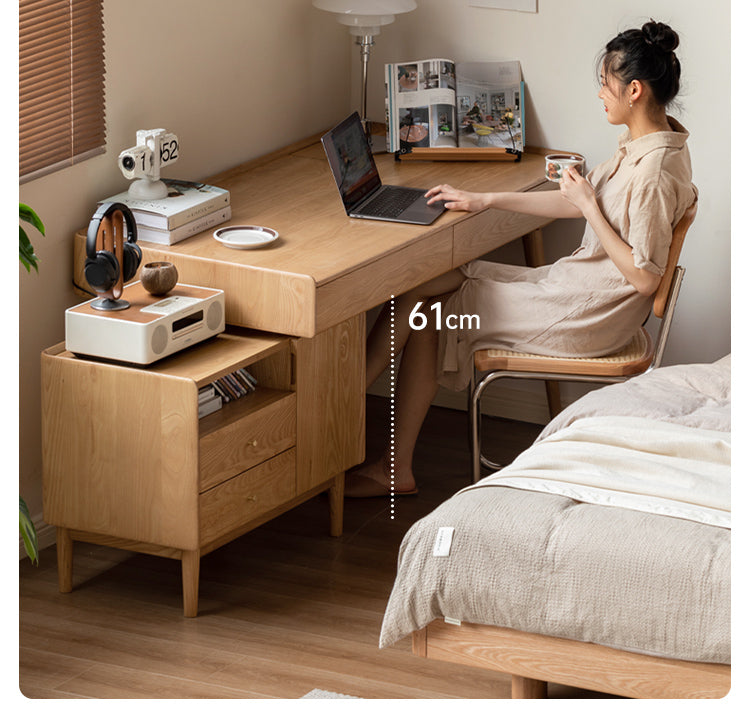 Ash Solid Wood Retractable Desk with Cabinet, Home Office