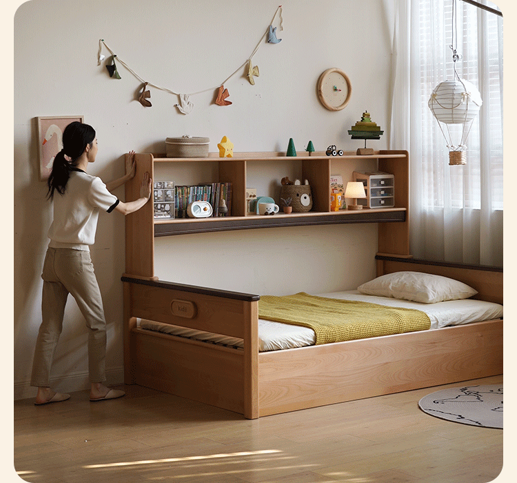 Beech Solid Wood Kids Storage Bed with Bookcase Headboard and Gas Lift Base