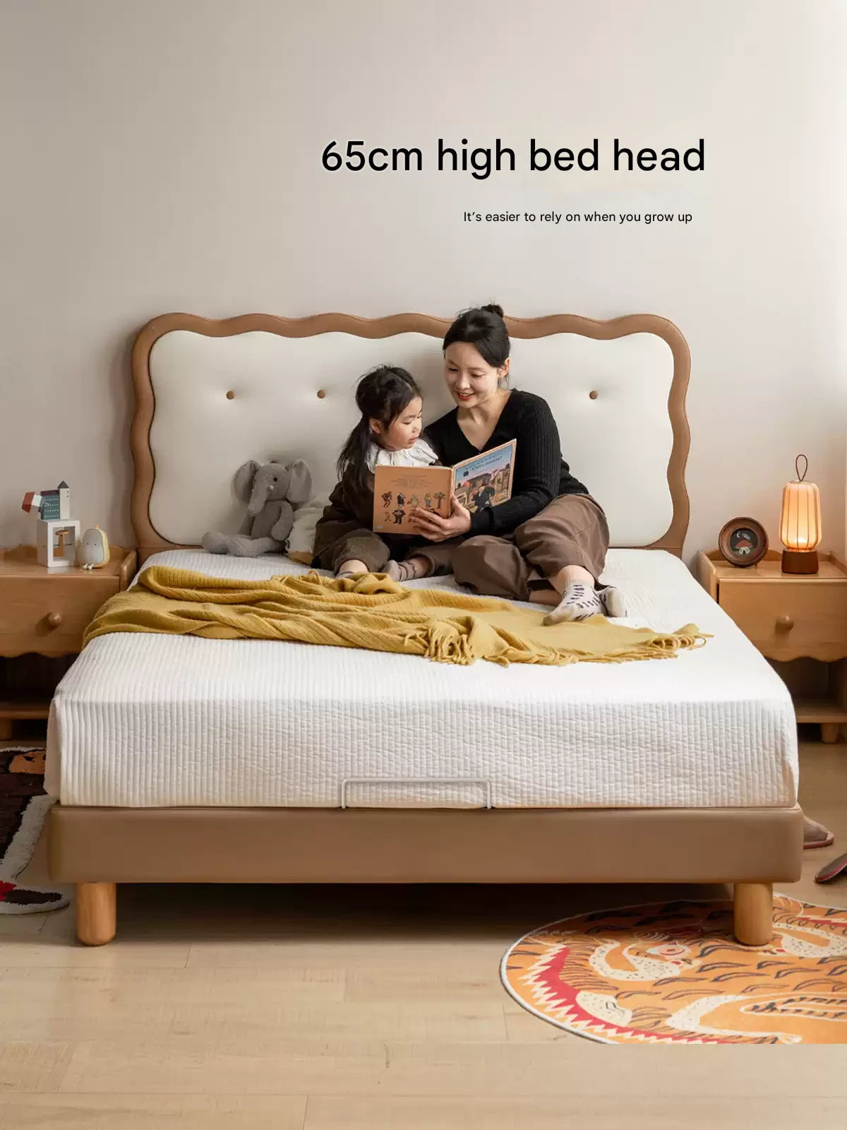 Beech Solid Wood Children's Organic Leather Soft High Headboard Biscuit Bed
