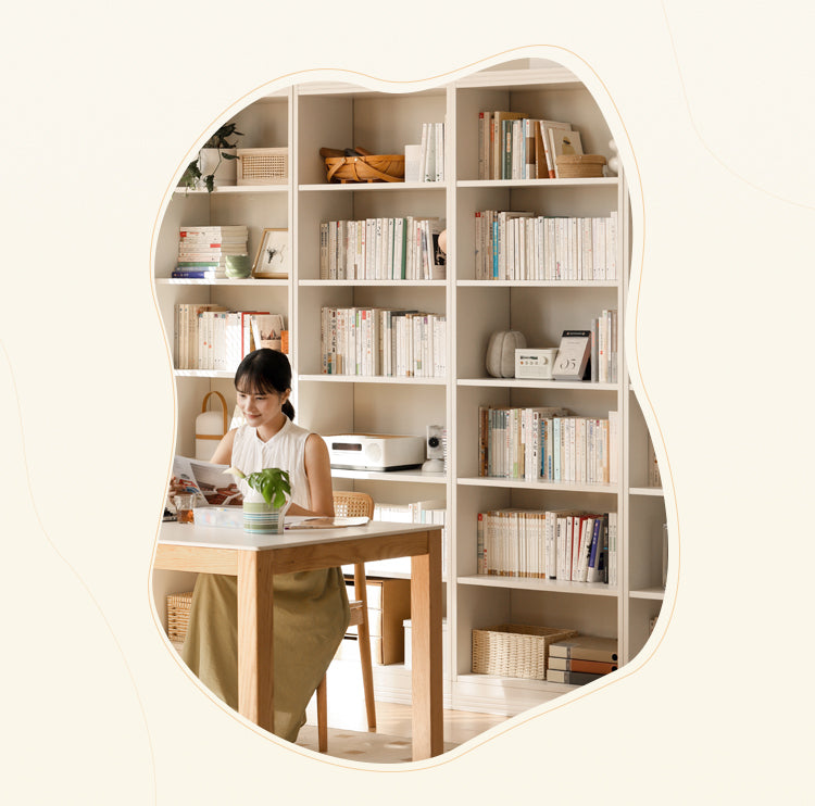 Solid Rubberwood Bookshelf Wall-To-Ceiling Shelf White Cream Style