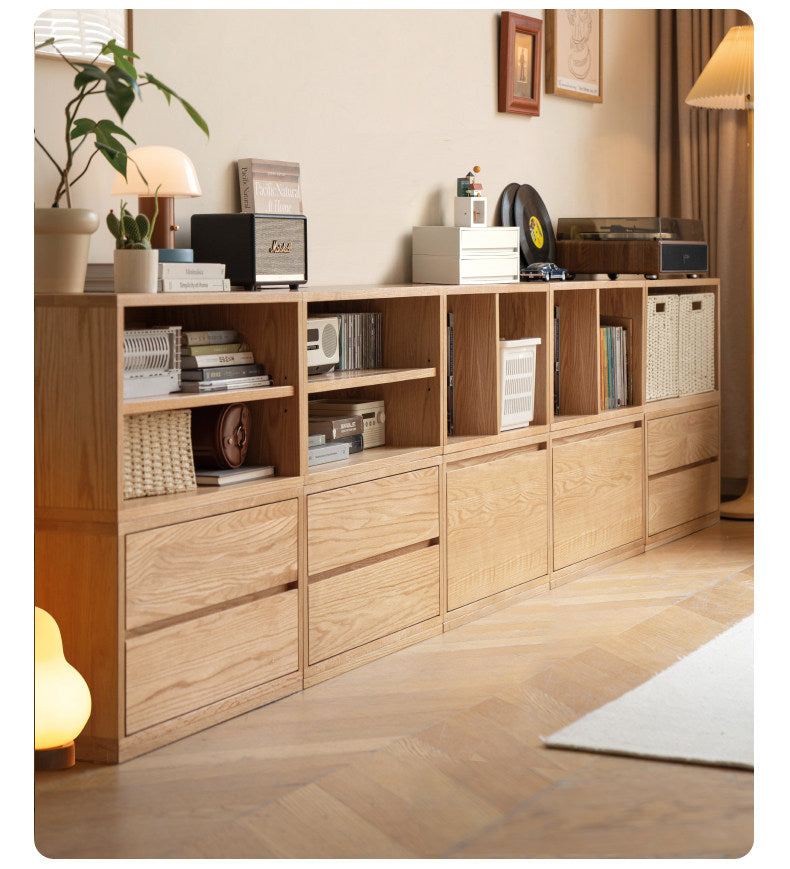 Ash Solid Wood Modern TV Cabinet with Freely Combineable Bookshelf and Storage