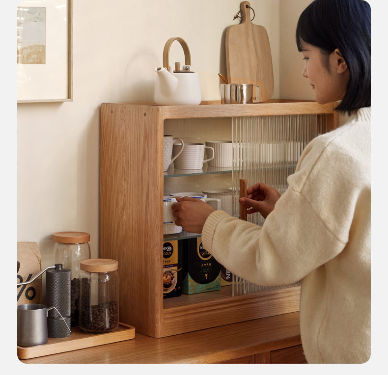 Oak, Cherry Solid Wood Desktop Locker Storage Cabinet Glass Sliding Door