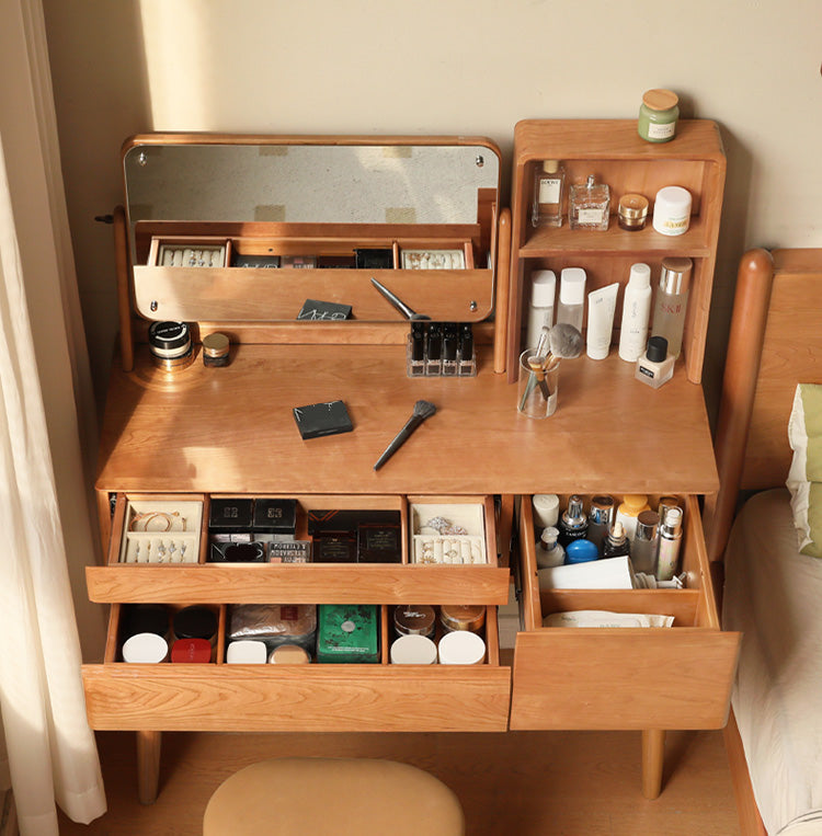 Cherry Solid Wood Vanity Table Nordic Makeup Mirror.