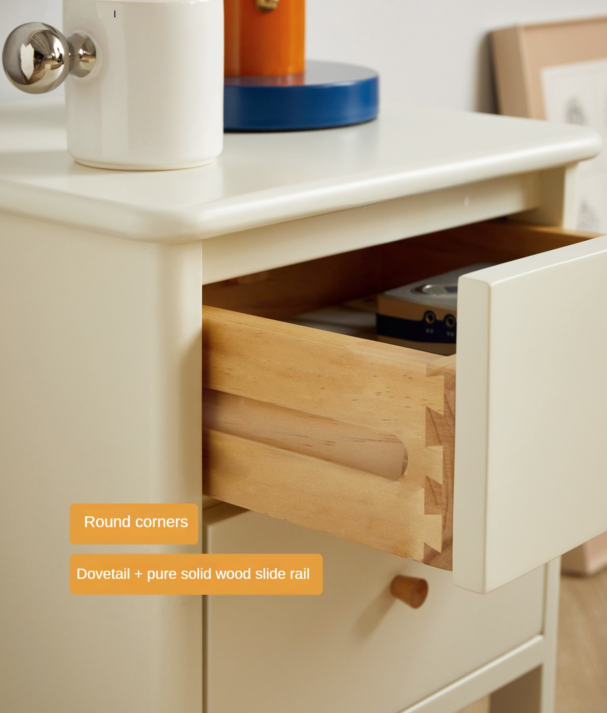 Pine Solid Wood White Luxury Nightstand.