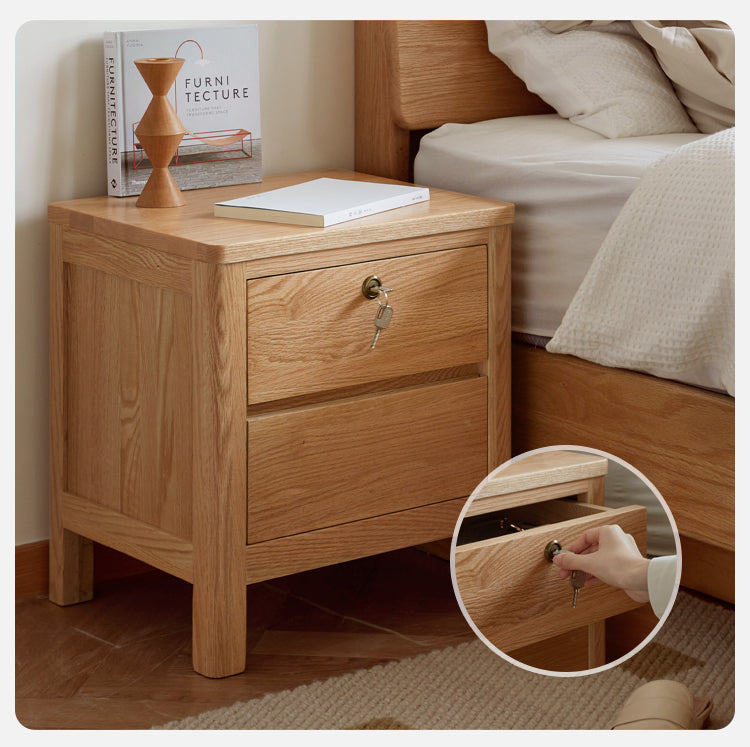 Oak Solid Wood, Solid Rubberwood Nightstand with Locker.