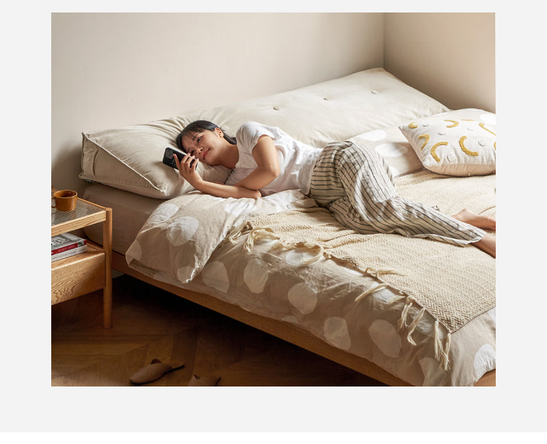 Oak Solid Wood platform bed, headboard-free bed Night Light Suspended Bed