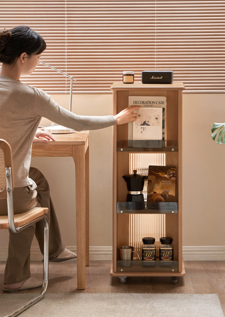 Beech Solid Wood Floor Movable Rack Side Cabinet.