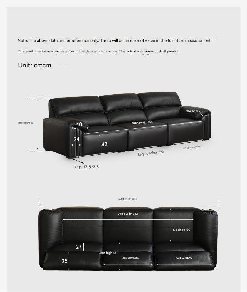 Leather Italian Light Luxury Black Straight Line Sofa