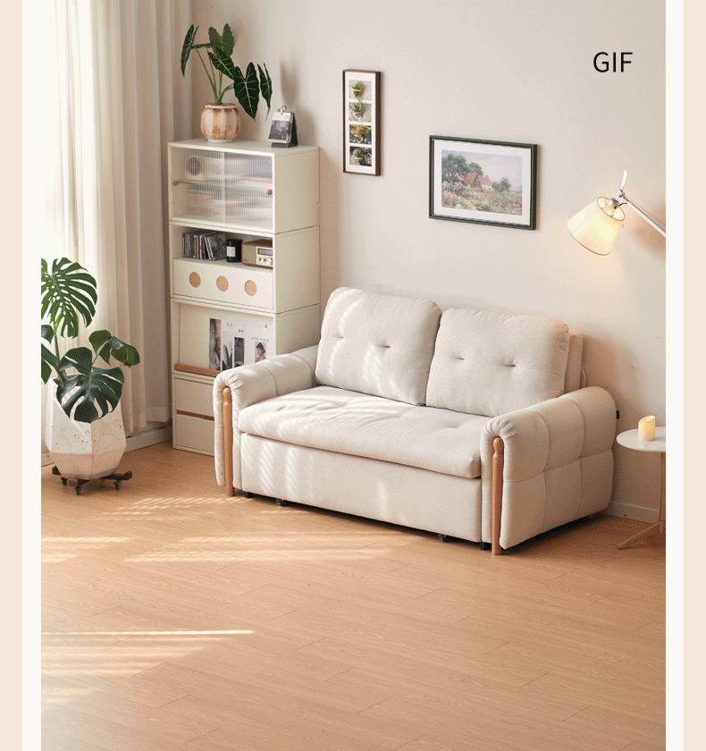 Fabric retractable sofa bed white cream style dual-purpose
