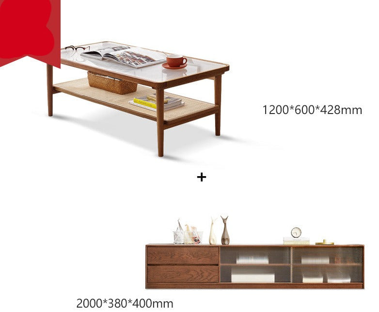Coffee table tempered glass, rattan Oak solid wood"