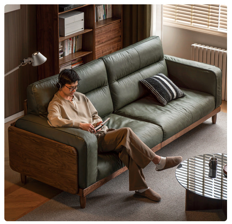 Black Walnut, Ash, Solid Sandalwood Wood Sofa with Genuine Top-Grain Yellow Cowhide Leather,fabrics