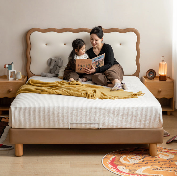 Beech Solid Wood Children's Organic Leather Soft High Headboard Biscuit Bed