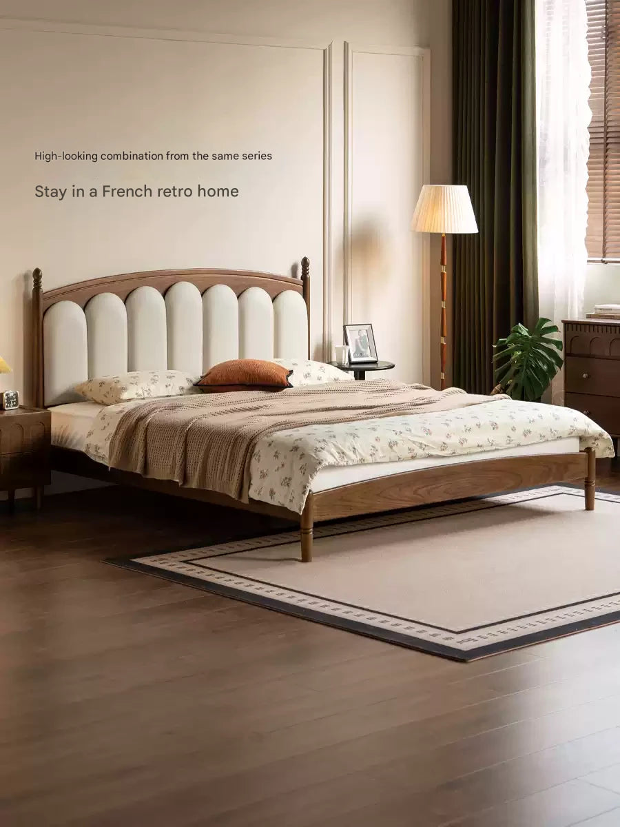 Black Walnut, Oak Solid Wood French Style Leather Bed with Retro Soft Headboard