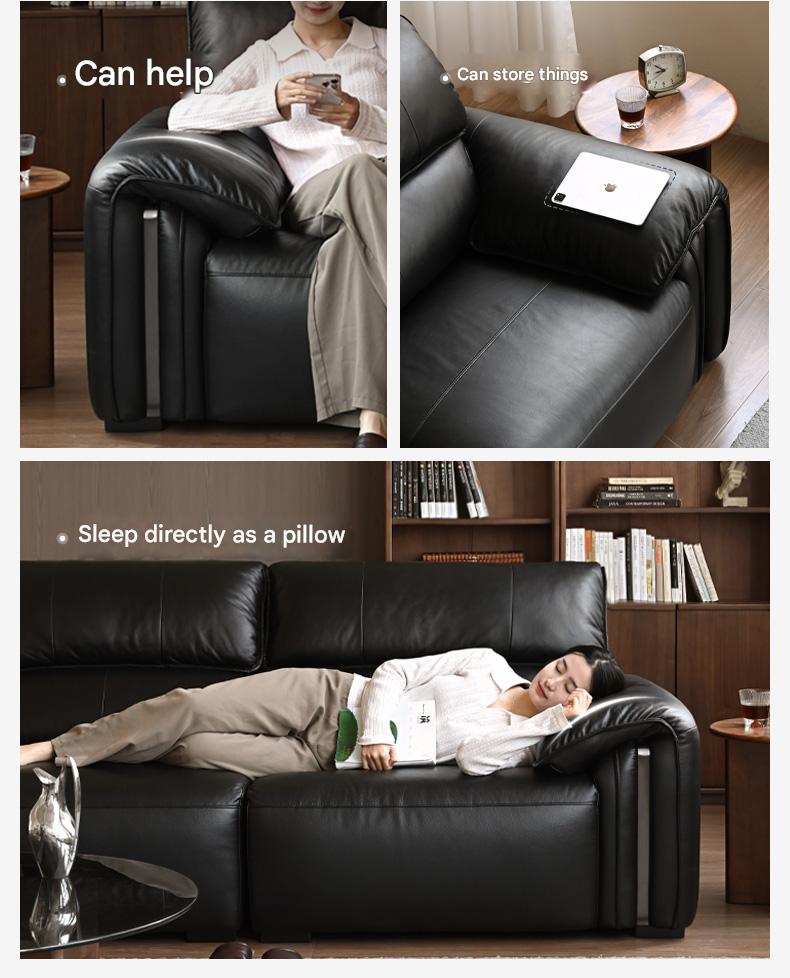 Leather Italian Light Luxury Black Straight Line Sofa