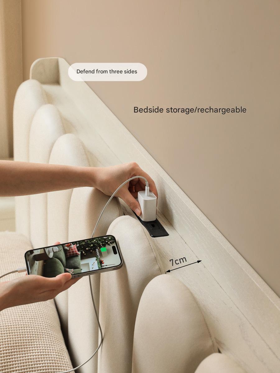 Oak Solid Wood Bed — Cream Style with White Harp Design, Home Charging Soft Backrest